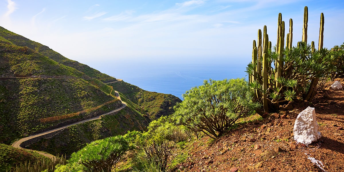 Vista dalla strada panoramica Sendero Arena Blanca, Artenara, Gran Canaria. Natura e paesaggio con montagne di formazione vulcanica lungo il percorso.